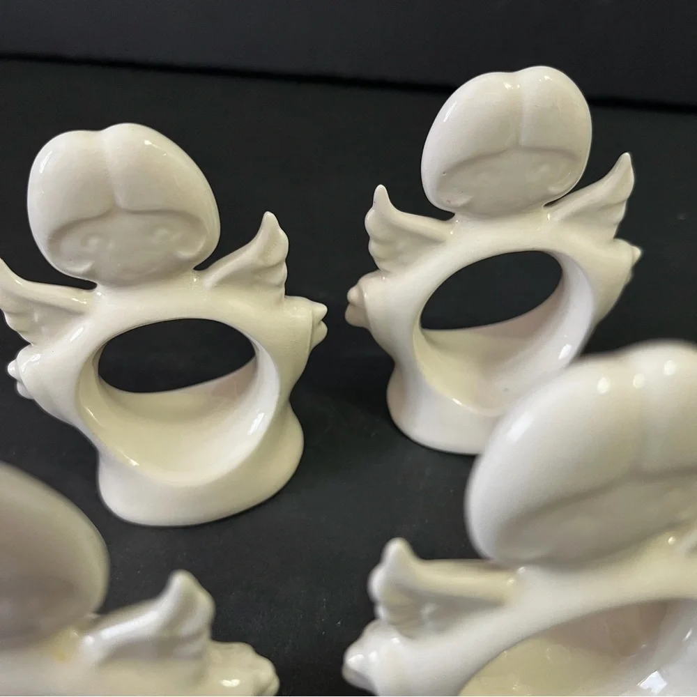 Vintage White Ceramic Angel Christmas Napkin Rings Holders Kitsch Retro MCM 5x